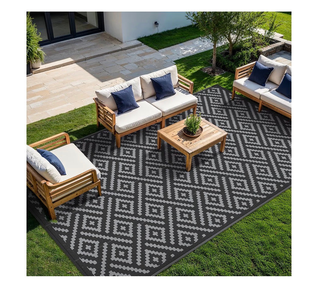 GENIMO Outdoor Rug, Waterproof Plastic Rugs 10 Ft. X 20 Ft. for Camping (Black/Gray) (New in Package)