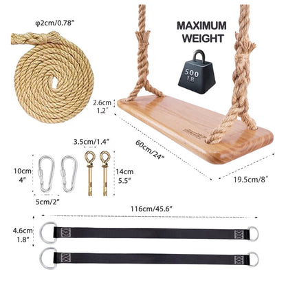 Hanging wooden tree swing for adults and kids