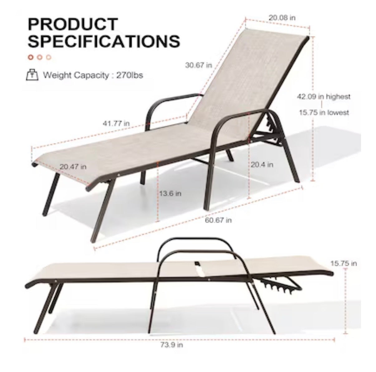 Crestlive Products Set of 2 Stackable Brown Steel Frame Stationary Chaise Lounge Chair with Beige Textilene Mesh Seat