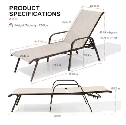 Crestlive Products Set of 2 Stackable Brown Steel Frame Stationary Chaise Lounge Chair with Beige Textilene Mesh Seat