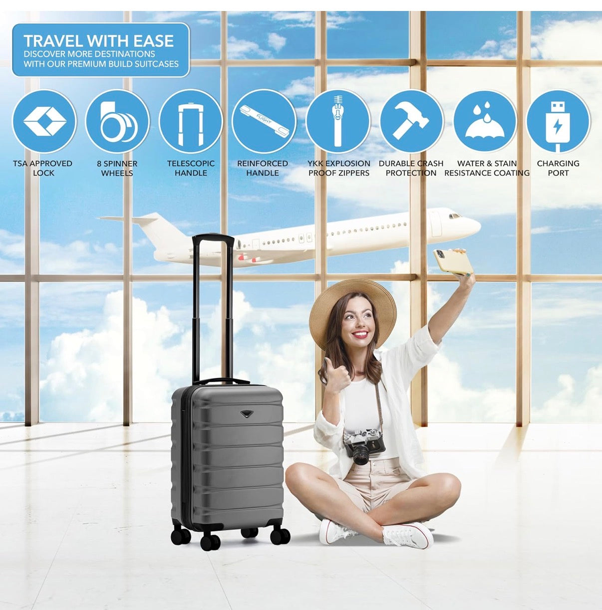 Charcoal- Flight Knight 22x14x9" Expandable Carry On Suitcase Hardside TSA Lock USB C Port Lightweight Luggage