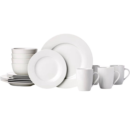 16 Piece Porcelain Dinnerware Set, Microwave and Dishwasher Safe, Service for 4, Plates, Bowls and Mugs (White) (New in Box)