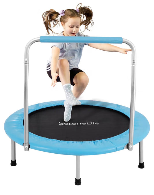 SereneLife 36 Inch Foldable Mini Trampoline for Kids Compact Fitness Rebounder with Foam Handle Safe, Stable Exercise Trampoline with 330 lbs Max Load for Indoor/Outdoor Active Play & Exercise (Light Blue) (New in Box)