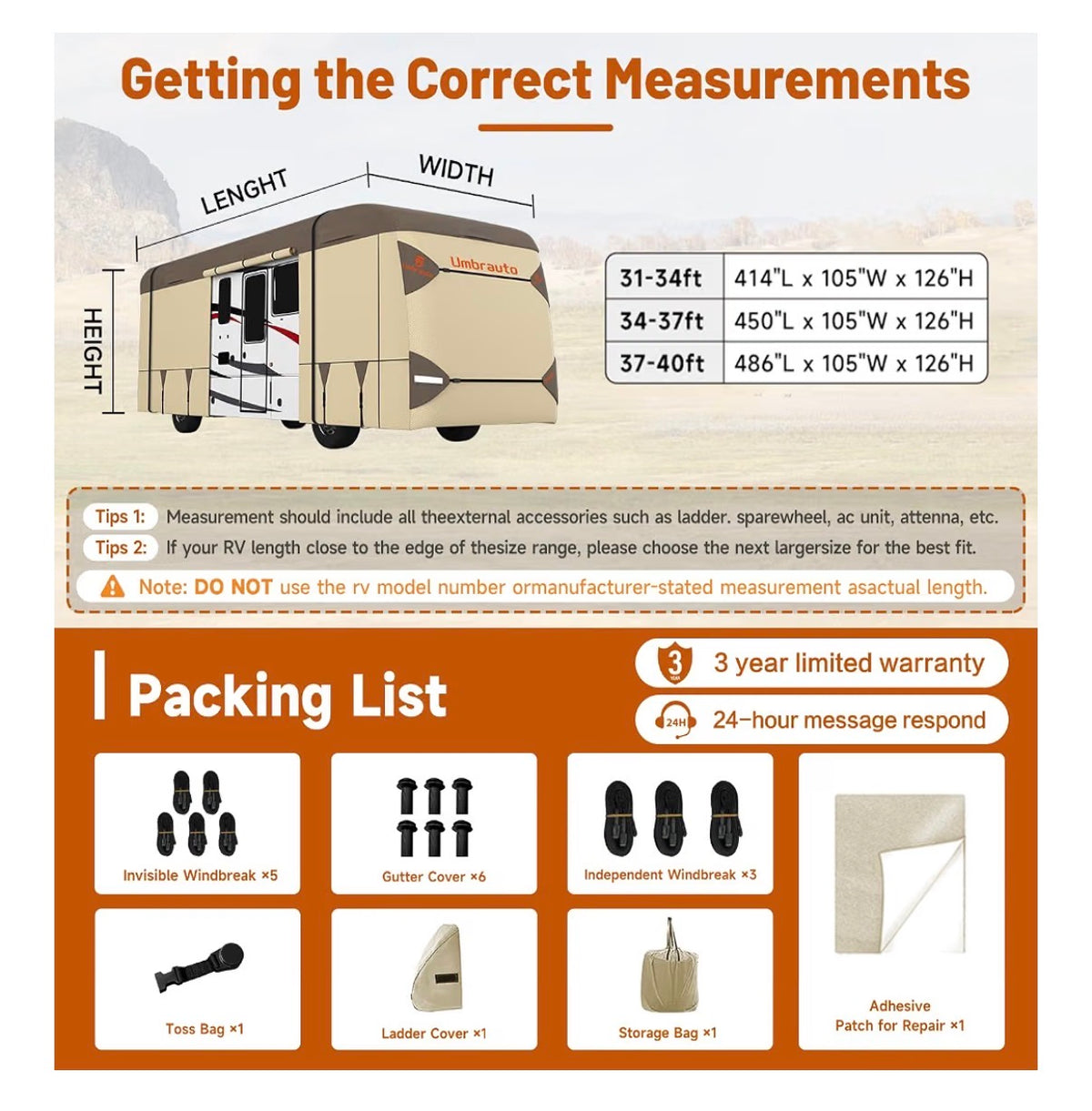 Class A RV Cover 37 Ft-40 Ft. Upgraded Heavy Duty 9 Layers Top Class A Motor Home Cover, Windproof & Breathable Toy Hauler Trailer Covers Includes 3 Extra Straps & Gutter Covers (Brown/Beige) (New in Box)