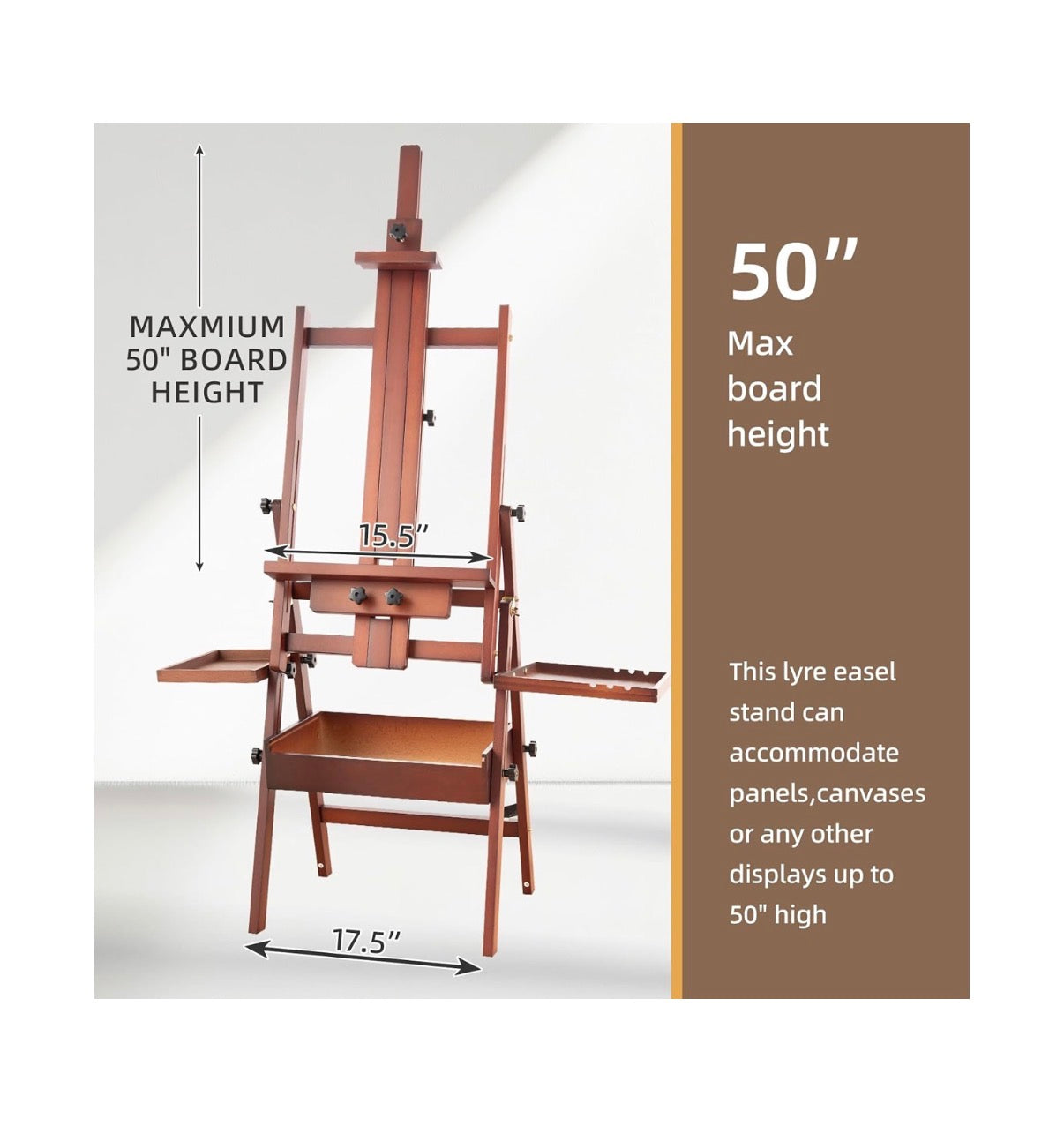 Horizontal Beechwood Studio Easel with Drawer and Palettes H-Frame Solid Wooden Painting Easel for Students, Beginners, and Artists, Hold Canvas up to 50 Inches High (Walnut) (New in Box)