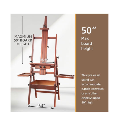 Horizontal Beechwood Studio Easel with Drawer and Palettes H-Frame Solid Wooden Painting Easel for Students, Beginners, and Artists, Hold Canvas up to 50 Inches High (Walnut) (New in Box)