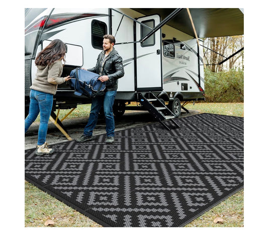 GENIMO Outdoor Rug, Waterproof Plastic Rugs 10 Ft. X 20 Ft. for Camping (Black/Gray) (New in Package)