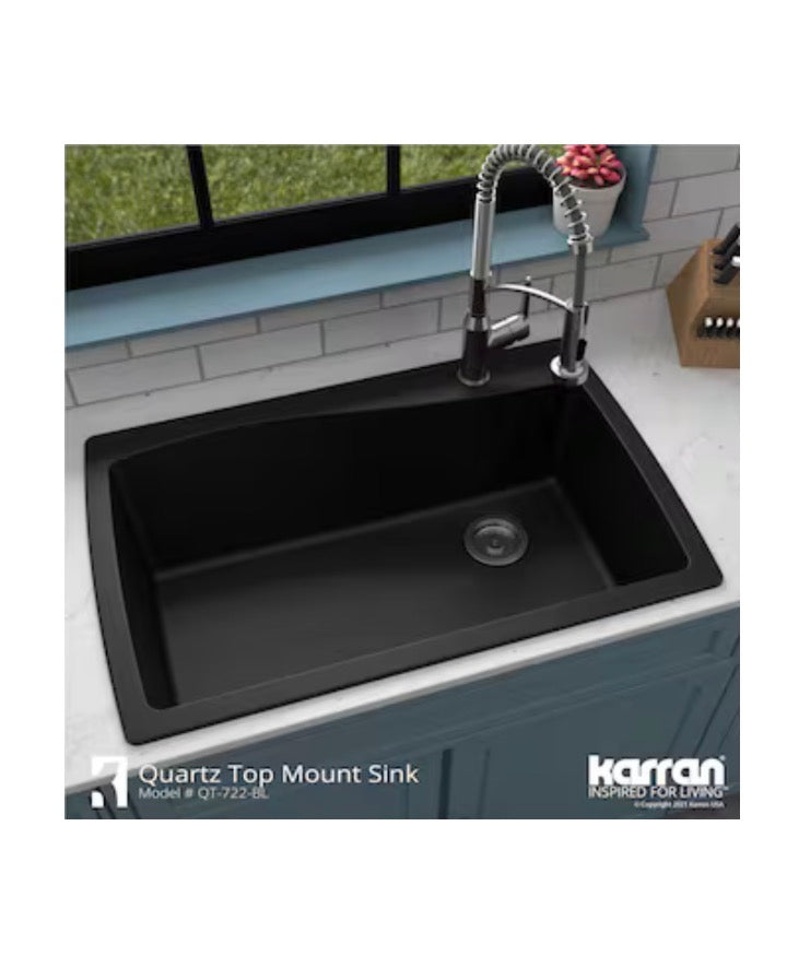 Karran Drop-In 34 Inch X 22 Inch Black Quartz Single Bowl 1 Hole Kitchen Sink (New in Box)