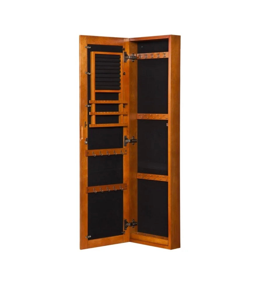 Southern Enterprises Wall Mounted Jewlery Cabinet & Mirror 14.63 Inch Width X 48.13 Inch Height (Oak) (New in Box)