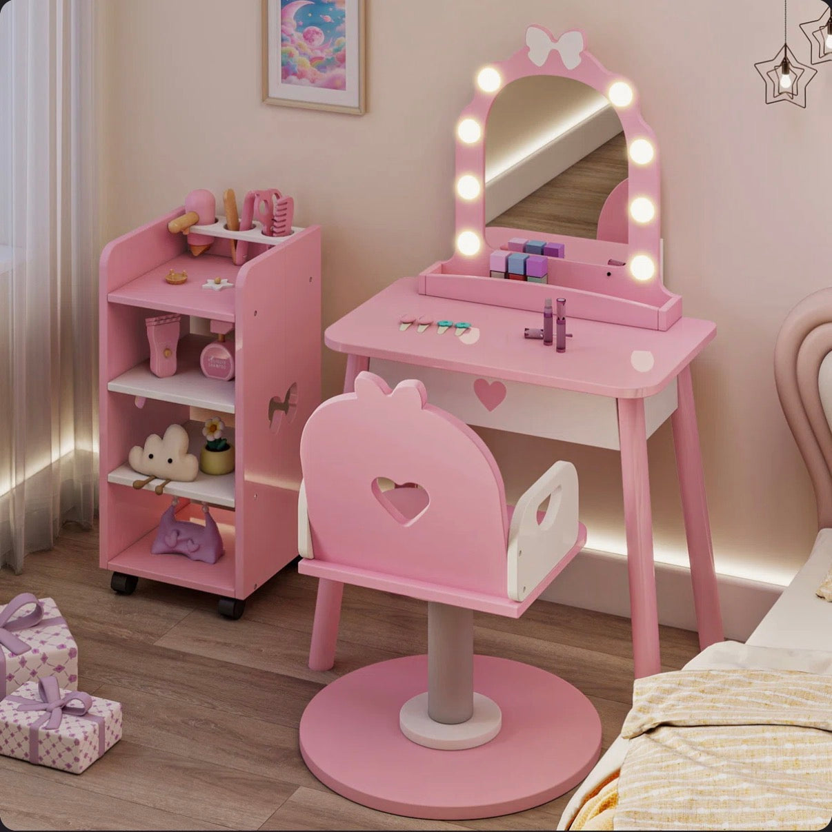 Three Piece Set Kids Vanity Set with Storage Shelf and Hair Salon Play Set (Pink) (New in Box)