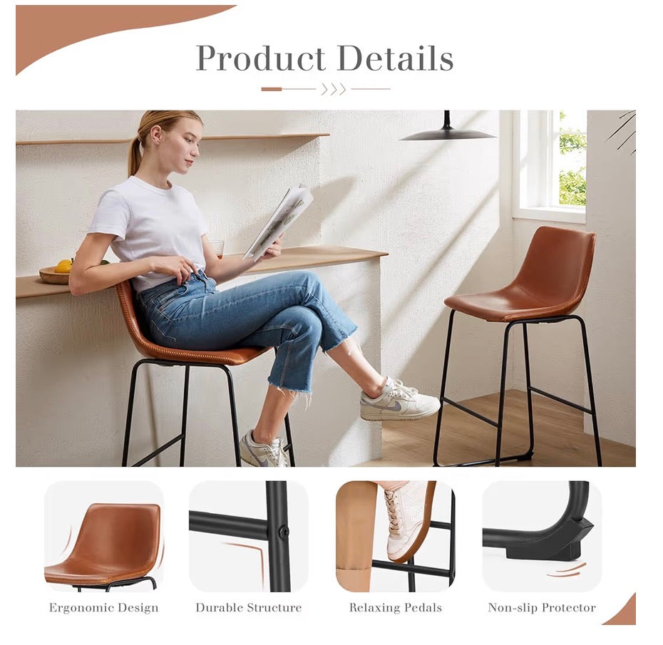 26 Inch Counter Height Bar Stools Set of 2, Modern Faux Leather High Barstools with Back and Metal Leg, Bar Chairs for Kitchen Island (Elegant Brown)