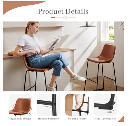 26 Inch Counter Height Bar Stools Set of 2, Modern Faux Leather High Barstools with Back and Metal Leg, Bar Chairs for Kitchen Island (Elegant Brown)