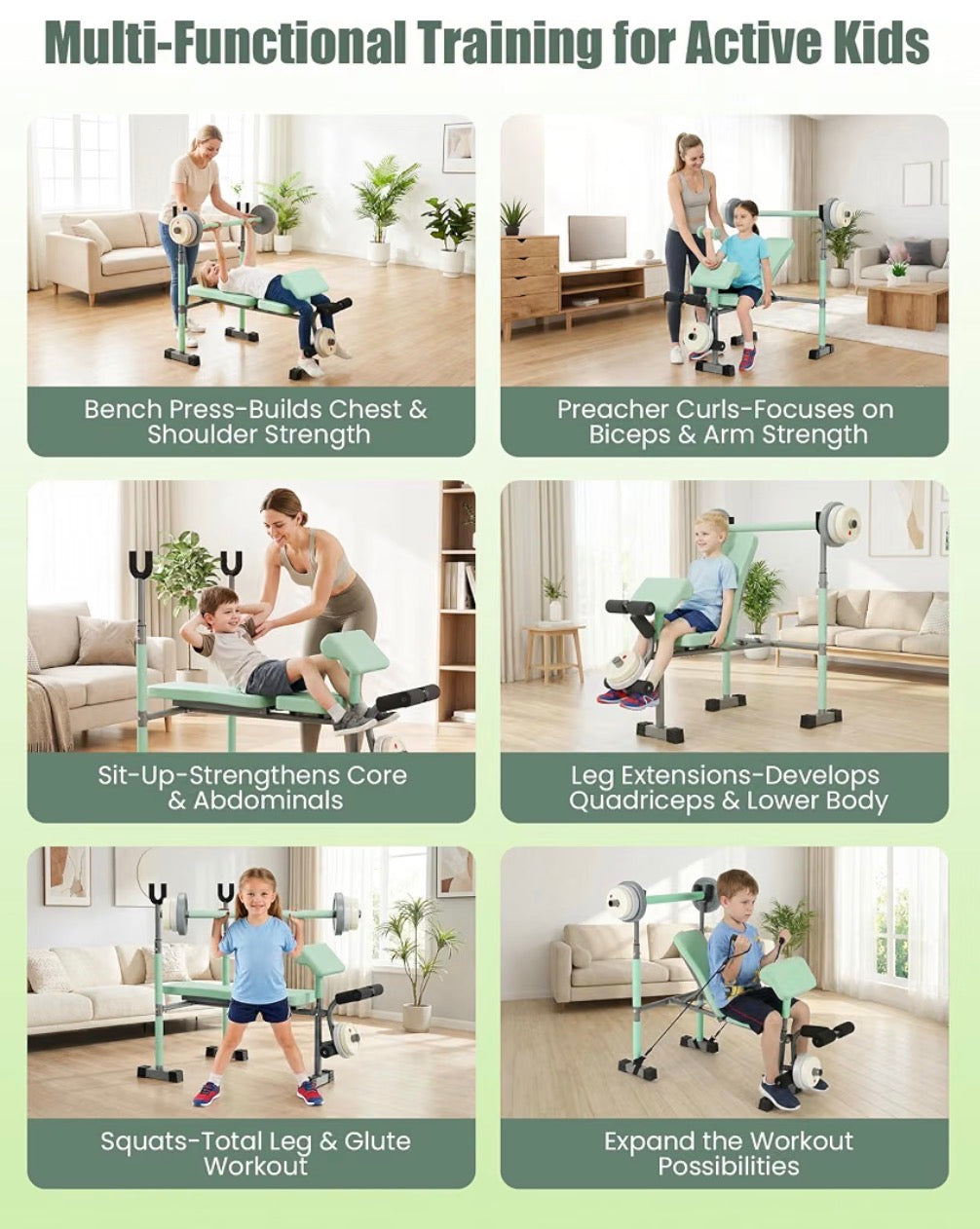 Heypappy Kids Workout Equipment - adjustable kids workout  bench with preacher pad & leg developer, fillable weight plates for home gym fitness  & exercise