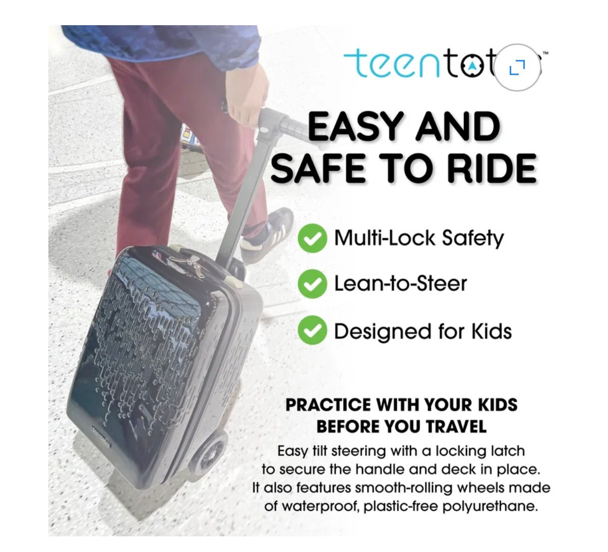 TeenTotes 4-in-1 Kids Scooter Luggage Detachable Ride-On Suitcase & Carry-On Luggage Folding Travel Scooter with Adjustable Handlebar & Brake (Black) (New in Box)
