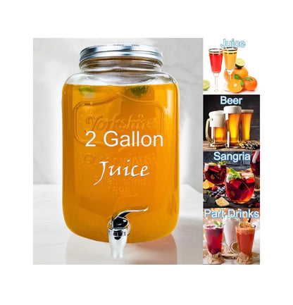 2 Gallon Larger Glass Drink Dispenser for Parties, 2 Packs Juice Lemonade Ice Tea Water Dispenser with Stand, Henable Beverage Dispensers with Spigot for BBQ, Picnic, Party (New in Box)