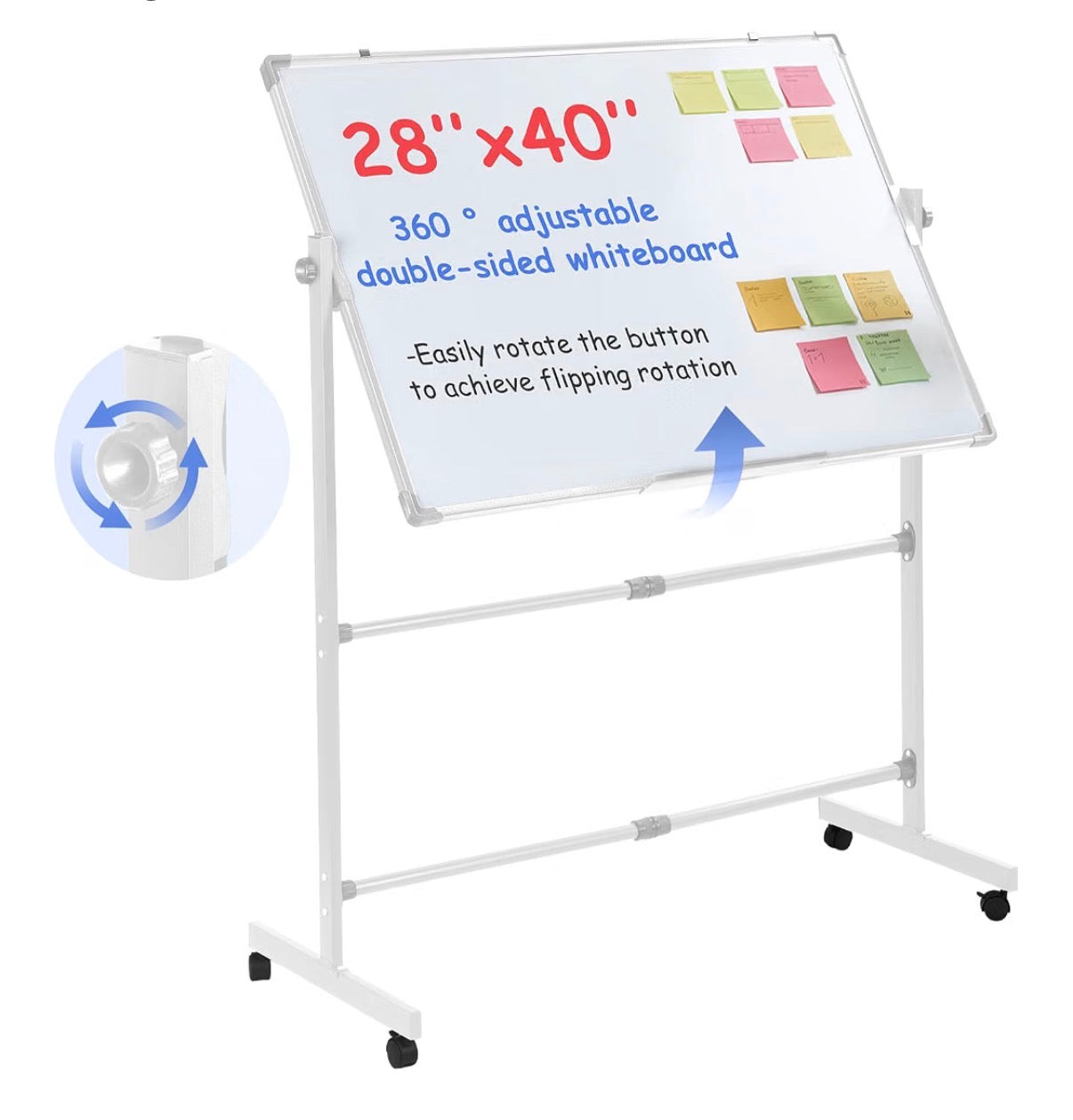 Rolling White Board 28 Inch X 40 Inch, Double Sided Magnetic Easel Whiteboard Height Adjustable 40 Inch - 75 Inch, Mobile Dry Erase Board with Stand, 4 Silent Wheels, 10 Markers, 2 Erasers, 12 Magnets for Office, Classroom (New in Box)