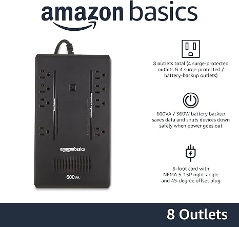 UPS Battery Backup & Surge Protector, 600VA/360W, 8 Outlets