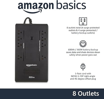 UPS Battery Backup & Surge Protector, 600VA/360W, 8 Outlets