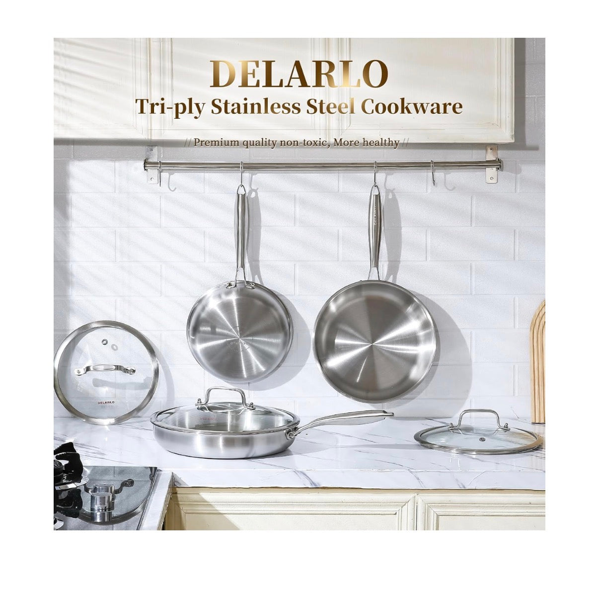 Delario Tri-Ply Stainless Steel Pan, 18/10, 8 Inch, 10 Inch, 12 Inch Nontoxic Durable Oven Safe 800 Degrees Fahrenheit All Cooktops Compatible Fast Even Heat PFOA Free Large Frying Pan Nontoxic Cookware (Stainless Steel) (New in Box)