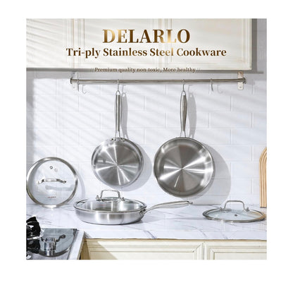 Delario Tri-Ply Stainless Steel Pan, 18/10, 8 Inch, 10 Inch, 12 Inch Nontoxic Durable Oven Safe 800 Degrees Fahrenheit All Cooktops Compatible Fast Even Heat PFOA Free Large Frying Pan Nontoxic Cookware (Stainless Steel) (New in Box)