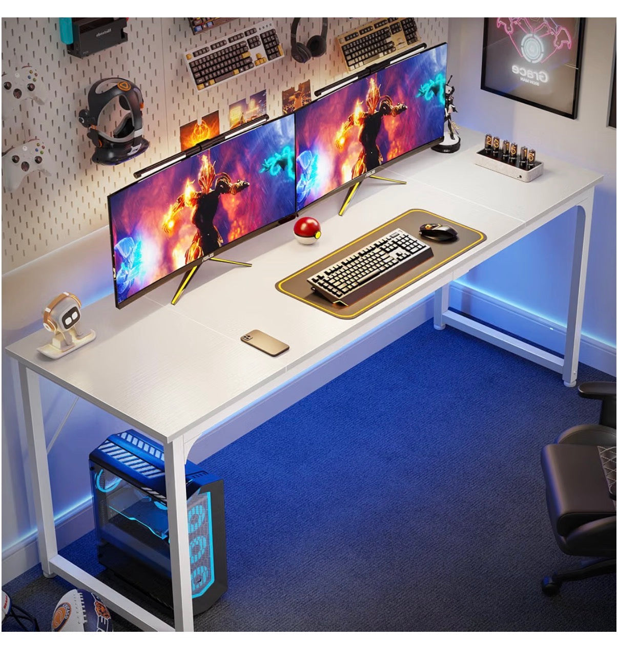 Huuger Computer Desk, 70 Inch Office Desk, Gaming Desk with Storage, Writing Desk for Home Office, Study, Long Simple Desk, Large Legroom, Metal Frame (White) (New in Box)