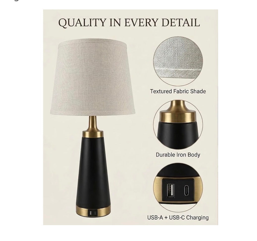 Bedside Table Lamp for Bedroom Nightstand 24 Inch Night Stand Lamps Set of 2 USB A & C Charging Ports and Outlets Side Table Lights with White Linen Shade, Knob Switch for Living Room (Black and Gold) (New in Box)