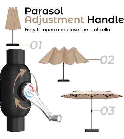15 Ft. Patio Umbrella with Base large Double Sided Rectangular Umbrella Beige Outdoor Giant Triple Head Umbrella with Crank Handle, Market Umbrella for Poolside, Garden, Deck, Backyard and Beach (New in Box)