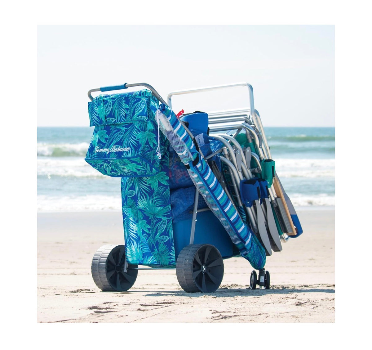 Tommy Bahana Wonder Wheeler Deluxe Folding Beach Cart Holds Up to 48 Qt. Cooler and 4 Chairs, One Handed Setup, 10 in Tread Wheels, Umbrella Holder, Removable Shoulder Tote (Blue) (New in Box)