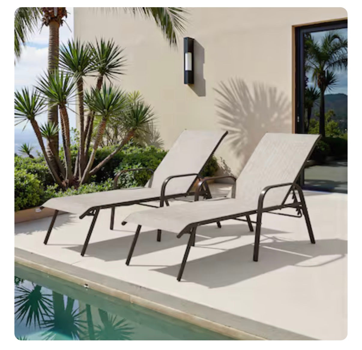 Crestlive Products Set of 2 Stackable Brown Steel Frame Stationary Chaise Lounge Chair with Beige Textilene Mesh Seat