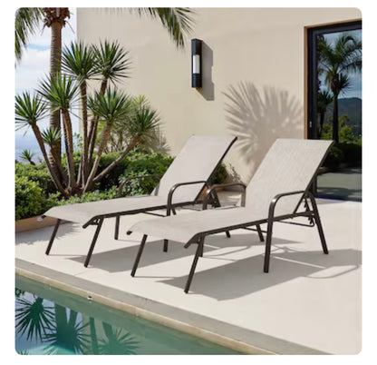 Crestlive Products Set of 2 Stackable Brown Steel Frame Stationary Chaise Lounge Chair with Beige Textilene Mesh Seat