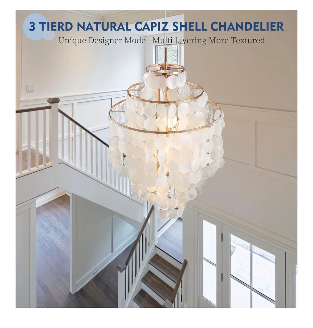 Capiz Shell Chandelier 18 Inch Gold Coastal Chandelier Light Fixture with 4 Lights Capiz Seashell Pendant for living Room Foyer, Kitchen Island Entryway, Dining Room Bedroom, LED Bulb Included (New in Box)