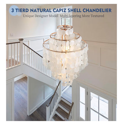 Capiz Shell Chandelier 18 Inch Gold Coastal Chandelier Light Fixture with 4 Lights Capiz Seashell Pendant for living Room Foyer, Kitchen Island Entryway, Dining Room Bedroom, LED Bulb Included (New in Box)