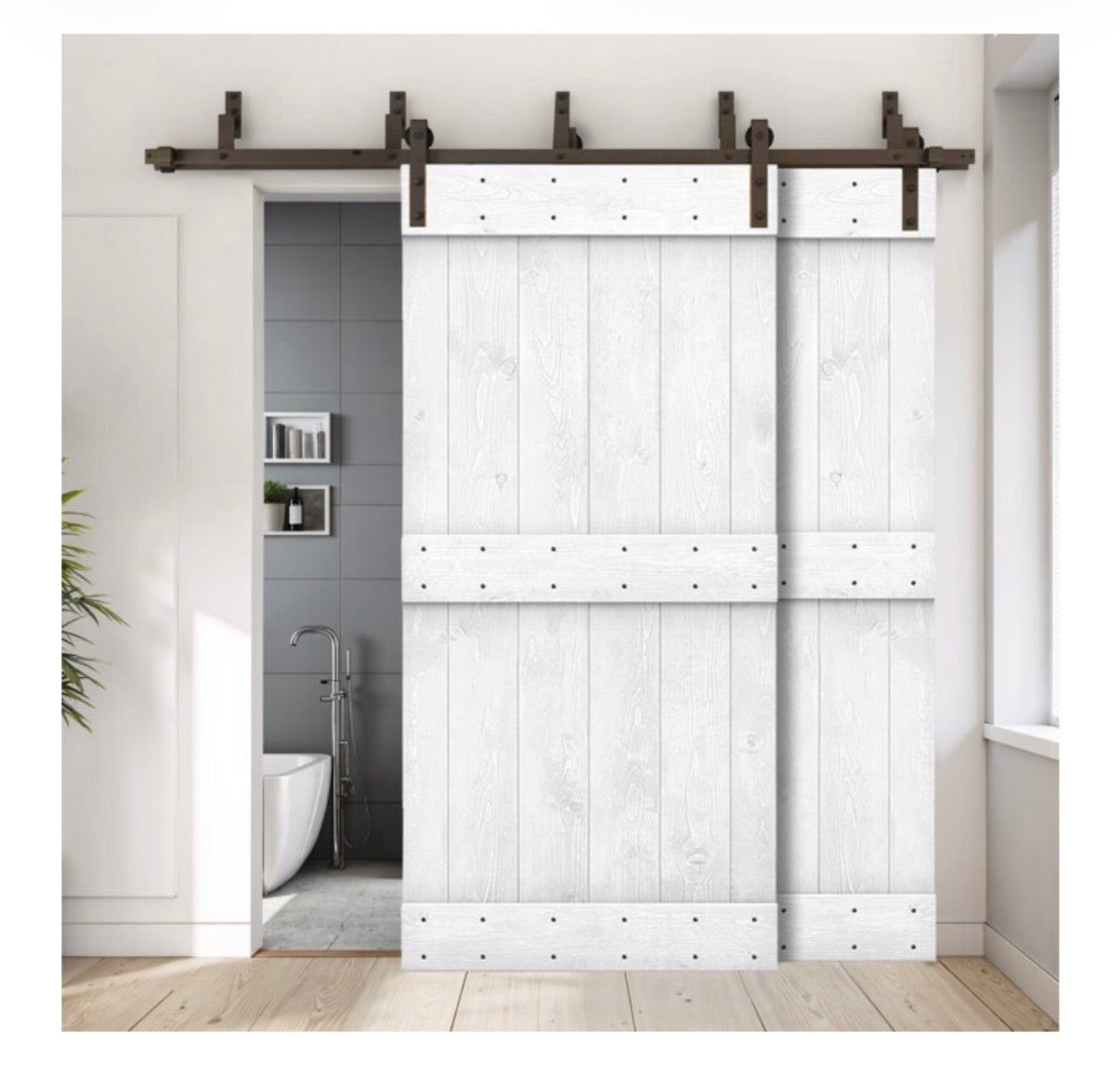 60 inch X 84 inch K-Frame white knotty pine wood solid core double bypass barn door (hardware included)