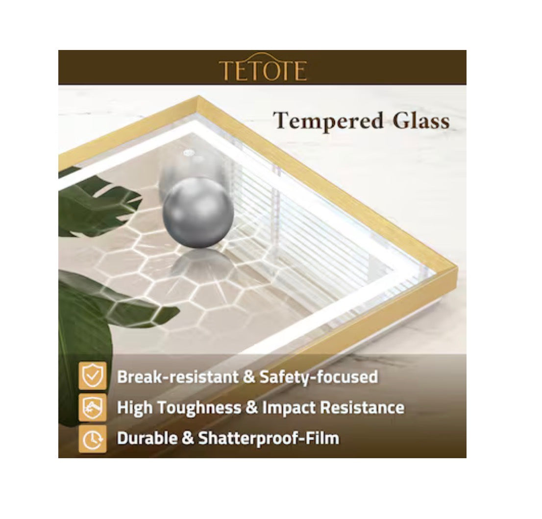 TETOTE 60 Inch X 30 Inch Brushed Gold Beveled Framed Rectangle Dimmable LED Lighted Fog Free Bathroom Vanity Mirror (New in Box)