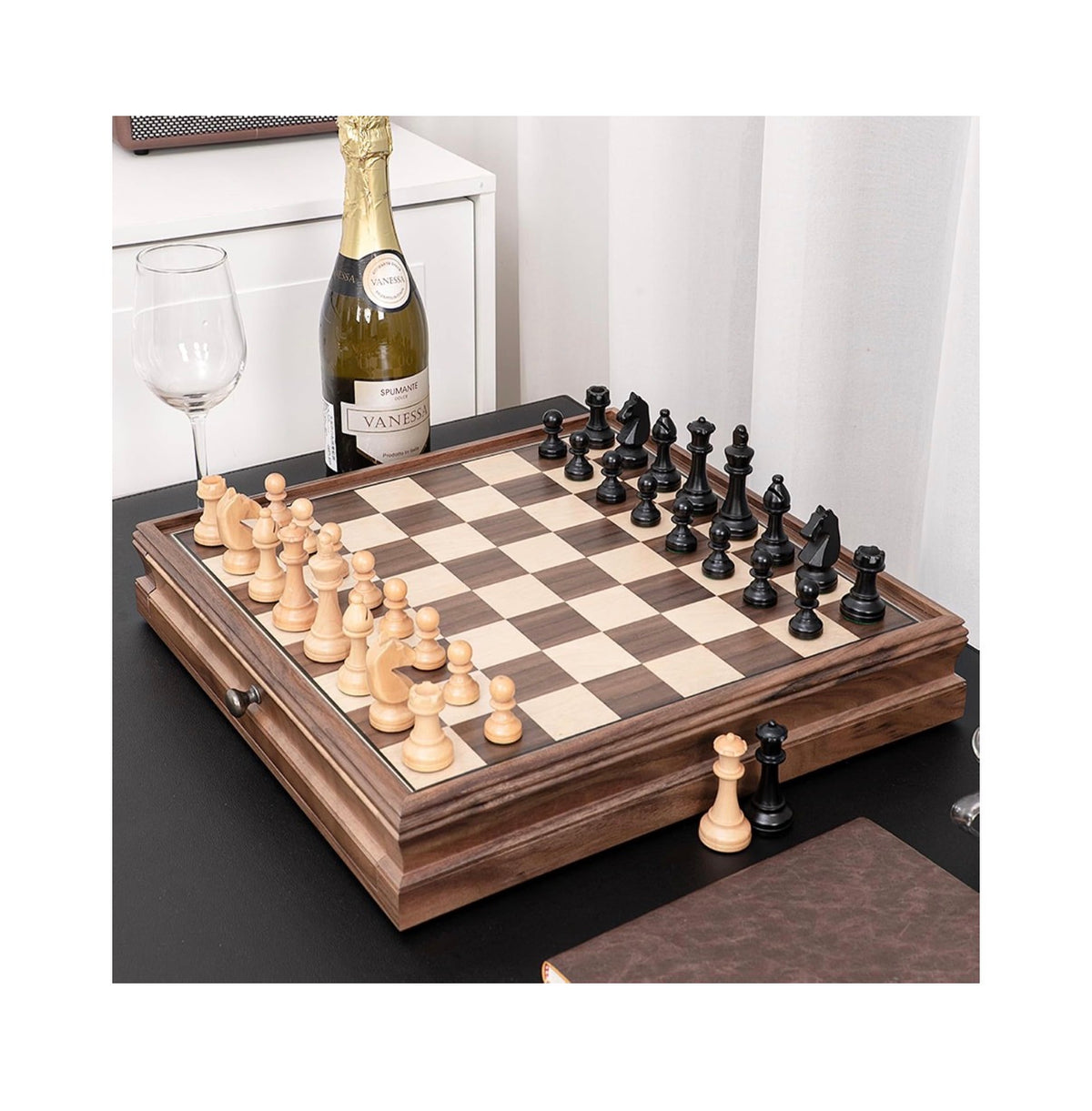 A&A 15 Inch Walnut Wooden Chess Set with Storage Drawer, Triple Weighted Pieces, 3.0 Inch King Height, 2 Etra Queen, Classic 2in 1 Chess and Checkers Board Game (New in Box)