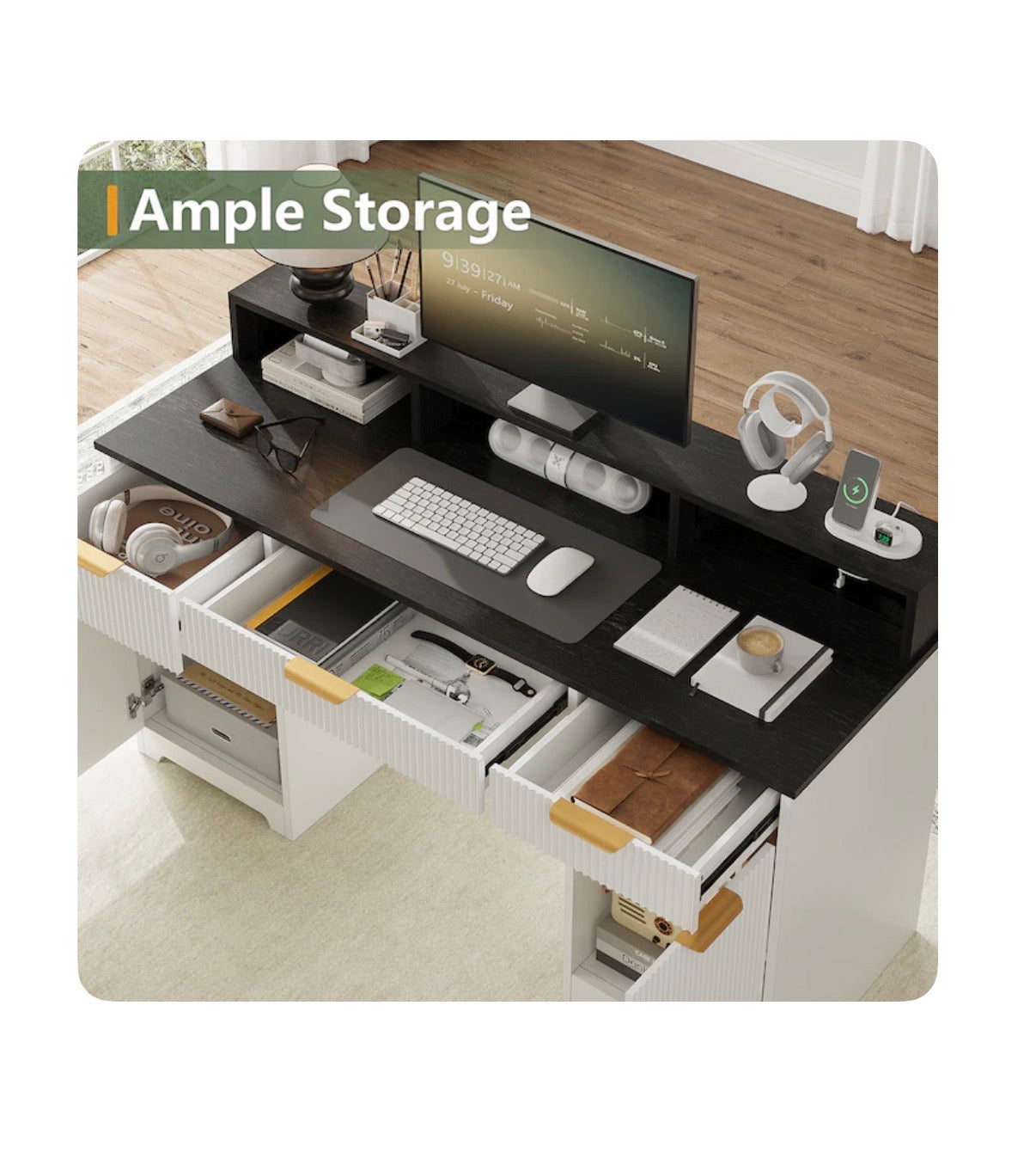 Office Desk Computer Table with Power Outlets and Monitor Stand 59 Inch Modern/Contemporary (White) (New in Box)