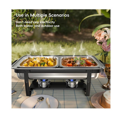 Chafing Dishes for Buffet 9 Qt 4 Pack with Multi-Size Food Pans Screwless Installation Chafing Dish Buffet Set, Foldable Handles Stacking Design, Stainless Steel for Events (New in Box)