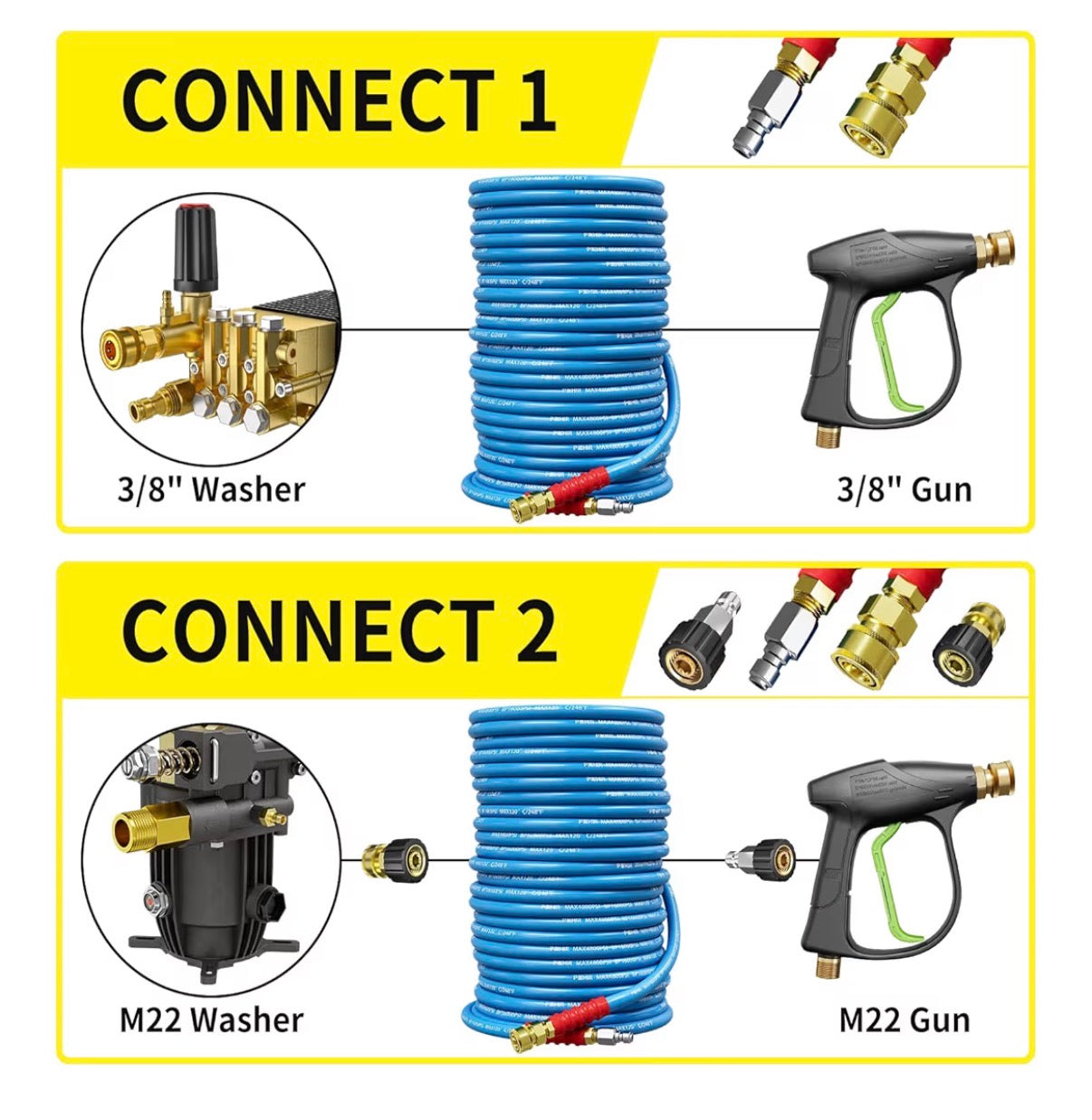100 Ft Pressure Washer Hose 3/8 Inch 4800 PSI, Kink Resistant Industrial Grade Hose with Quick Connect Ends and Adapters for Hot & Cold Water Steel Wire Braided Hose for Power Washing