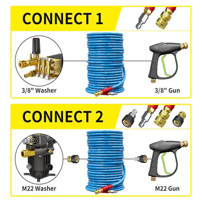 100 Ft Pressure Washer Hose 3/8 Inch 4800 PSI, Kink Resistant Industrial Grade Hose with Quick Connect Ends and Adapters for Hot & Cold Water Steel Wire Braided Hose for Power Washing