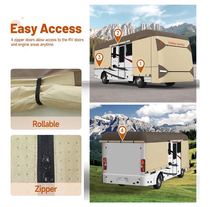 Class A RV Cover 37 Ft-40 Ft. Upgraded Heavy Duty 9 Layers Top Class A Motor Home Cover, Windproof & Breathable Toy Hauler Trailer Covers Includes 3 Extra Straps & Gutter Covers (Brown/Beige) (New in Box)