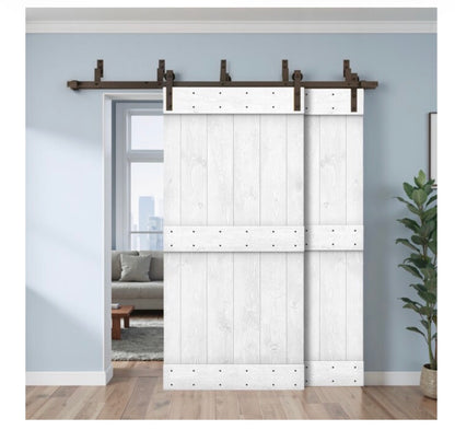 60 inch X 84 inch K-Frame white knotty pine wood solid core double bypass barn door (hardware included)