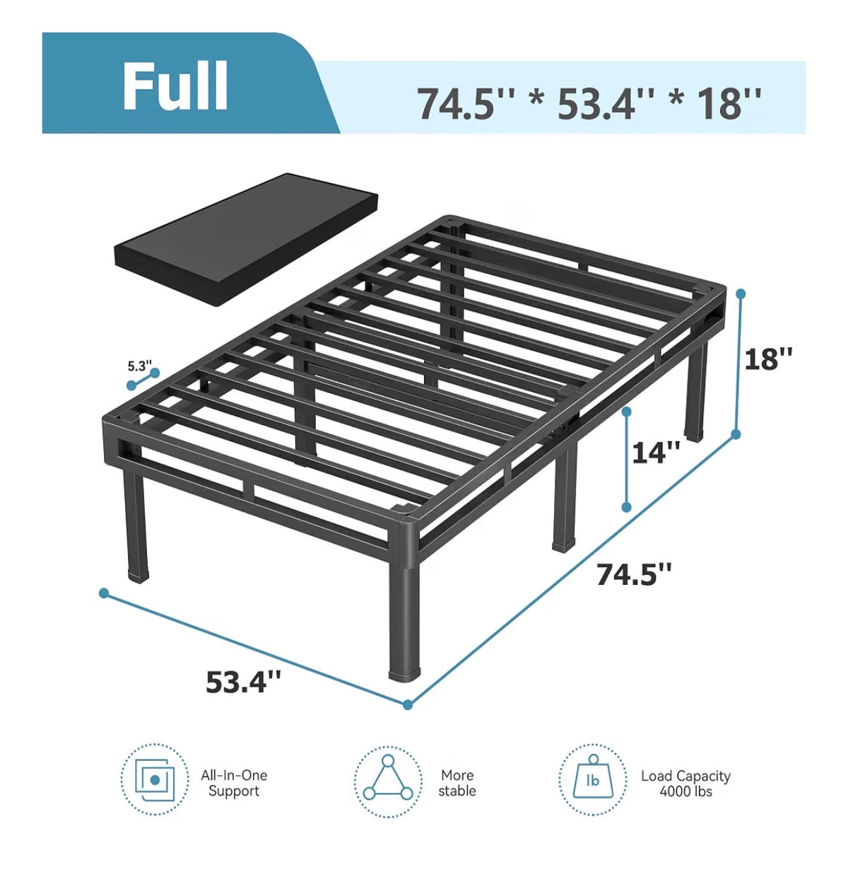 18 Inch Full All-in-One Box Spring, Metal Mattress Foundation with 9 Legs Heavy Duty 400 Lbs Capacity, Rounded Edges & Recessed Legs, Fabric Cover, Noise Free, Easy Assembly, Under-Bed Storage (New in Box)