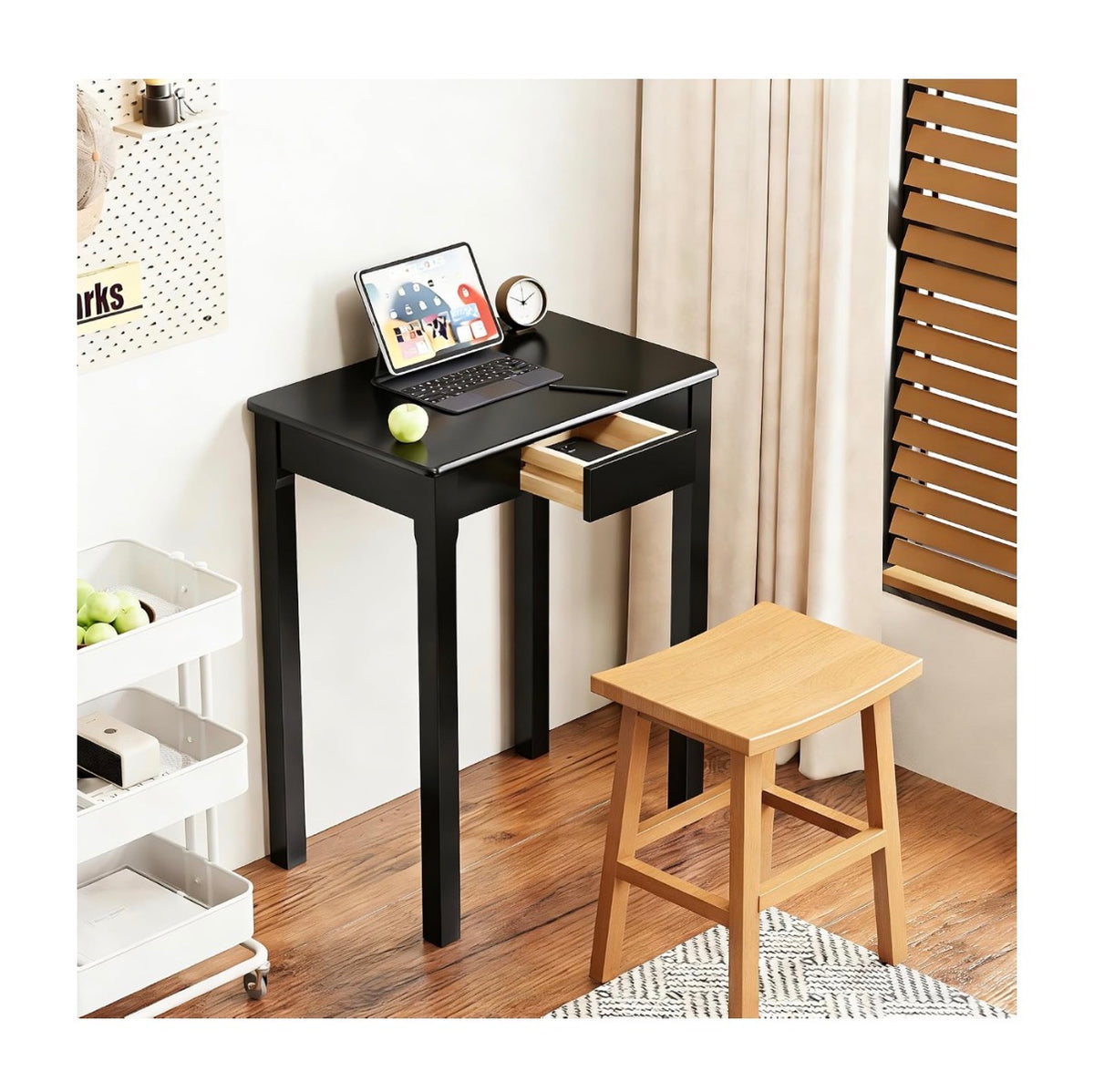 Solid Wood Desk with Drawers 24 X 16 Inch Single Narrow Desks, Rubber Wood Study Table, Small Writing Desks for Small Spaces/Bedroom Modern Black Desk (New in Box)