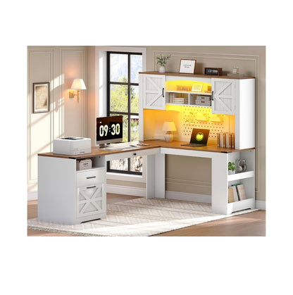 67 Inch L Shaped Executive Desk with Hutch, Farmhouse Corner Computer Desk with File Drawer, Wooden Office Desk with Storage Shelves and LED Lights for Home, Office (White/Walnut) (New in Box;2 boxes)