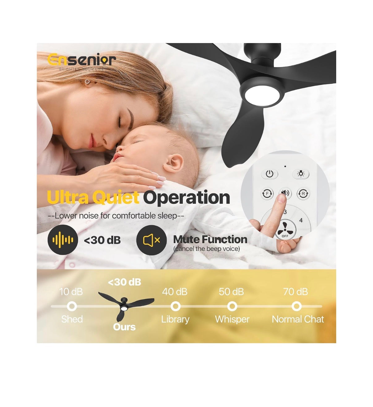 Ensenior 52 Inch Flush Mount Ceiling Fans with Lights and Remote Quiet Reversible Motor, 3 ABS Blades, 6 Speeds, 3 CCT Mute Mode, Low Profile, Memory Function, 1/2/4 Hour Timer (Black) (New in Box)