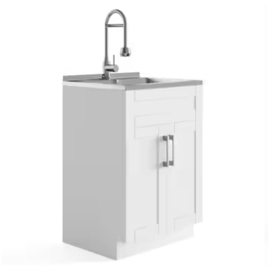 Simpli Home Hennessy 24 Inch X 19.7 Inch 1 Basin Pure White Freestanding Laundry Sink with Cabinet with Drain with Faucet (New in Box)
