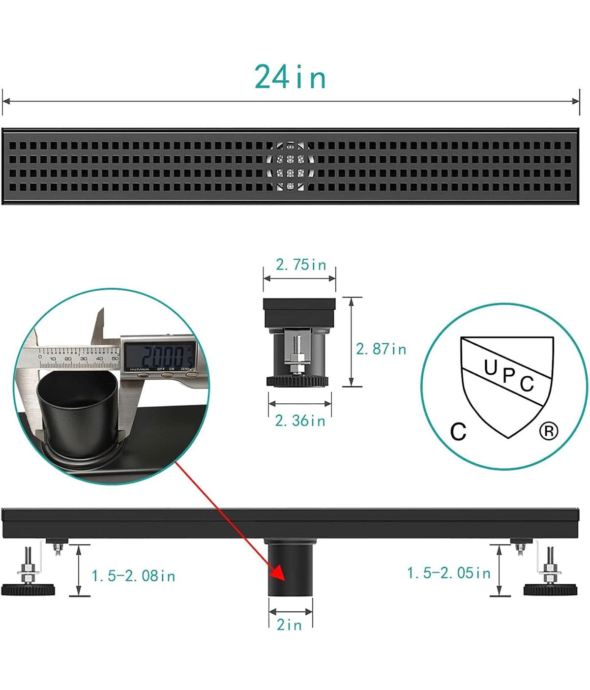 Baronage 24 Inch Linear Shower Drain, Square Grate, Matte Black V-Shaped Rapid Linear Drain, Rustproof, Hair Cather, 304 Stainless Steel Rectangle Shower Floor Drain for Bathroom (New in Box)