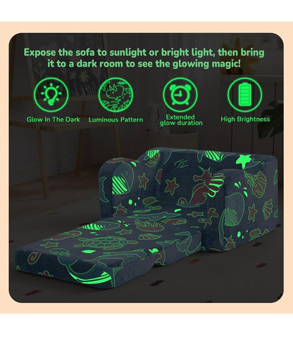 Glowing Ocean Kids Chair Glow in the Dark 2-in-1 Kids Couch Folds Out to a Floor Seat, Sea Life Foam Sofa with Seahorse Starfish Shell print, Washable Cover (New in Box)