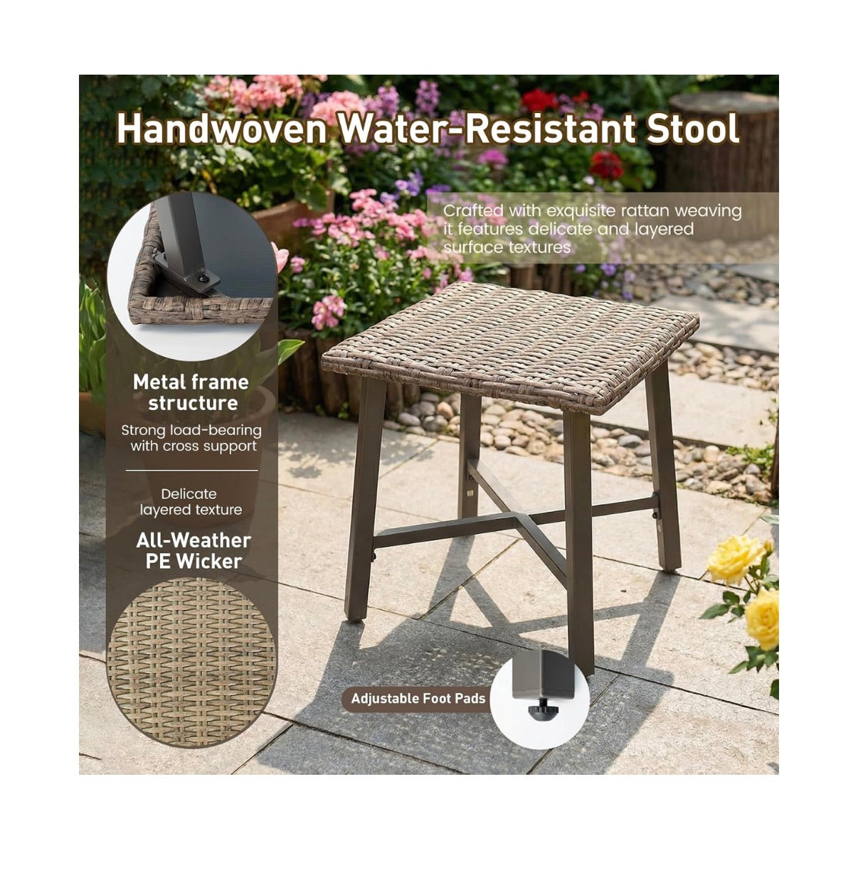 Rattan Side Table for Outdoor, Small Patio Table for Porch, Garden, Deck Balcony End Table with Handwoven Wicker Design, Compact Square Accent Table (Gray) (New in Box)