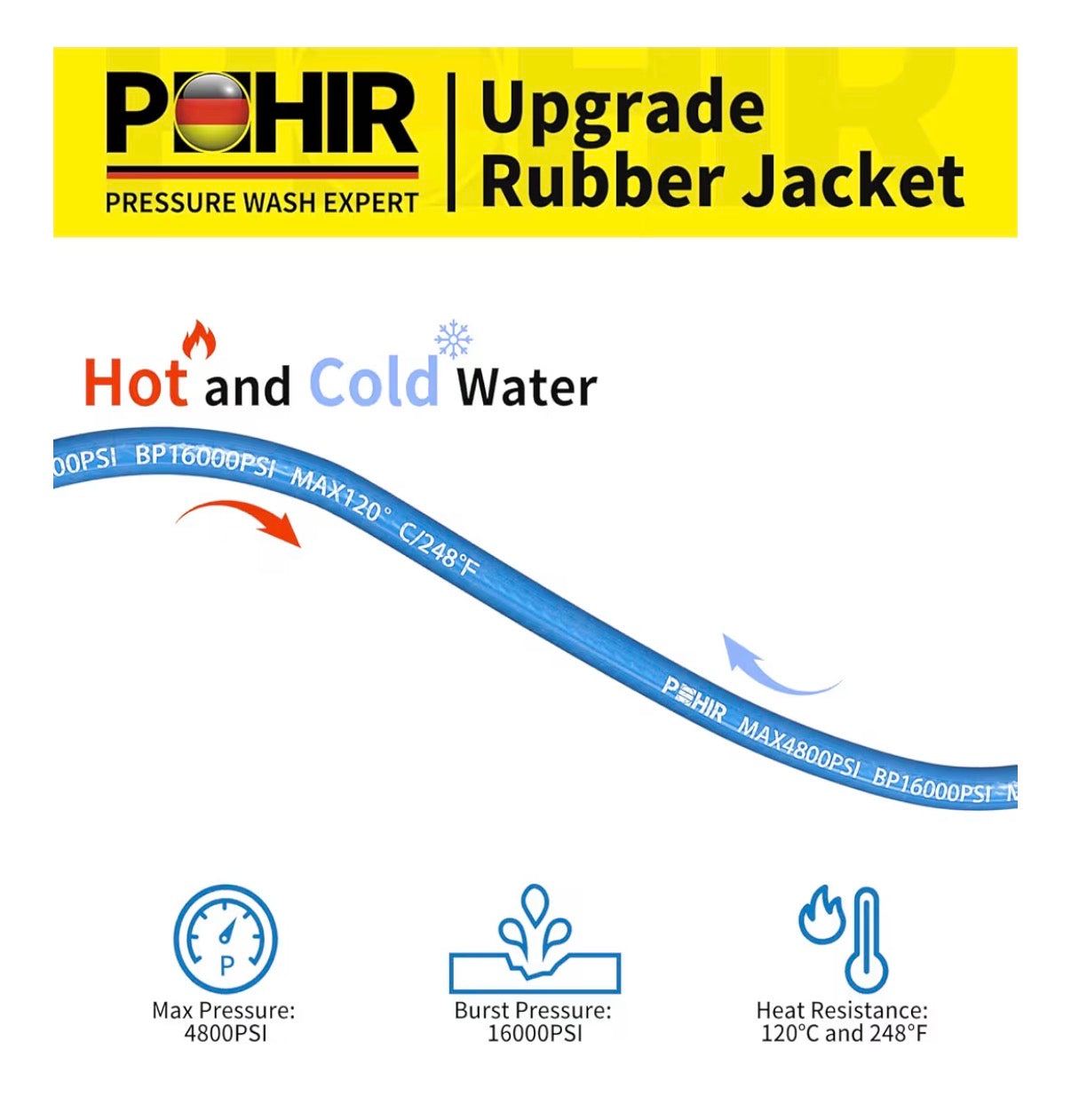 100 Ft Pressure Washer Hose 3/8 Inch 4800 PSI, Kink Resistant Industrial Grade Hose with Quick Connect Ends and Adapters for Hot & Cold Water Steel Wire Braided Hose for Power Washing